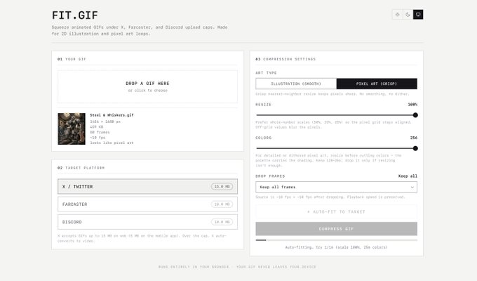 A screenshot of a web application called 'FIT.GIF' designed to compress animated GIFs for platforms like X/Twitter, Farcaster, and Discord, showing compression settings and a target platform section.