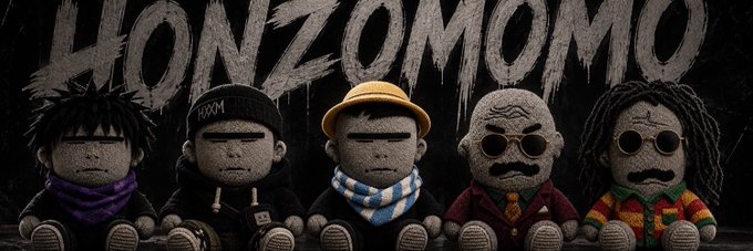 The image features four sock monkey characters with different styles (dreadlocks, sunglasses, a construction hat, and a beanie) sitting in front of graffiti-style text that reads "HONZOMOMO," which ties directly to the post's mention of the @honzomomo project.