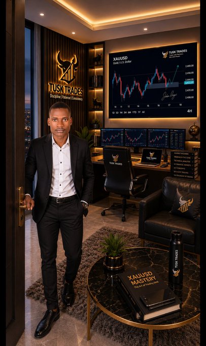 A man in a dark suit standing in an upscale office/den labeled 'TUSK TRADES Discipline Mastery Consistency', featuring a bull logo, multiple monitors displaying trading charts with 'XAUUSD Gold / U.S. Dollar' and 'Gold King', and branded merchandise.