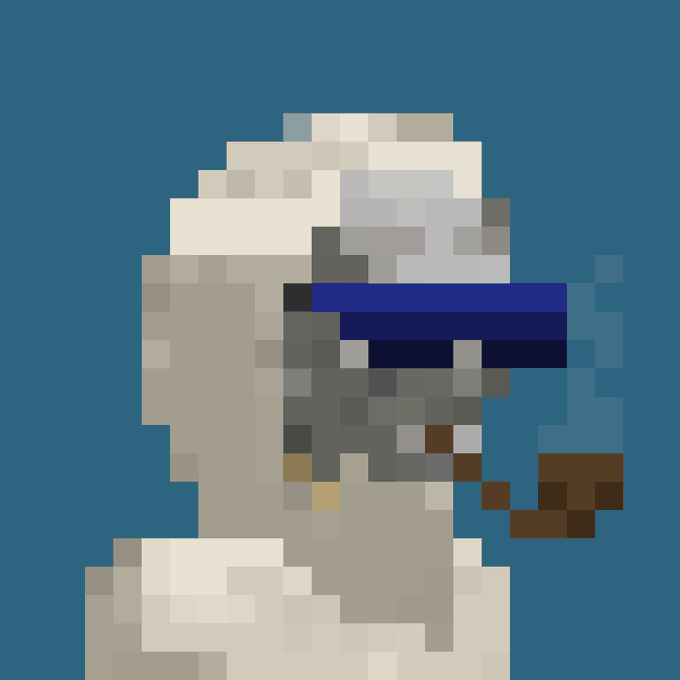 A pixel art illustration of an astronaut in a white space suit with a dark blue reflective visor, set against a blue background.