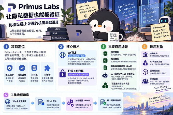 An infographic for “Primus Labs” presents a privacy-focused blockchain infrastructure project, with Chinese and English text about zkTLS, FHE/xkFHE, institutional applications, and a penguin mascot.