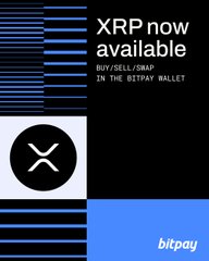 The image is a promotional graphic announcing "XRP now available" with text reading "BUY/SELL/SWAP IN THE BITPAY WALLET," featuring the XRP logo on the left and the bitpay logo in the bottom right corner against a black background with blue striped accents. This visual directly supports the announcement by showcasing the official integration of XRP into the BitPay wallet platform.