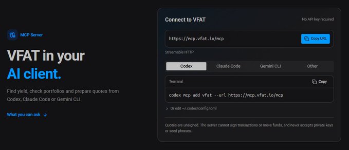 A screenshot of the VFAT MCP Server interface with the heading 'VFAT in your AI client', showing connection options for Codex, Claude Code, and Gemini CLI, along with the URL https://mcp.vfat.io/mcp.
