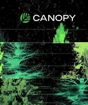 The image features an advertisement for a new product called "Canopy", which is related to technology or computer networks. The background of the image is black, with green trees visible behind it. The text on the poster reads "CNPY" in white letters and "canopy" in green letters. The poster also includes a logo that says "Alpha As easy as everything is getting in the tech world".