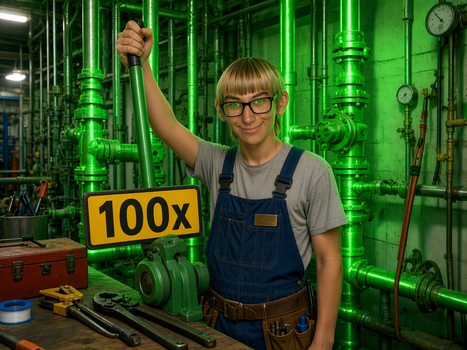 A person in blue overalls holds a lever in an industrial setting with green-lit pipes, with a '100x' sign displayed in the foreground.