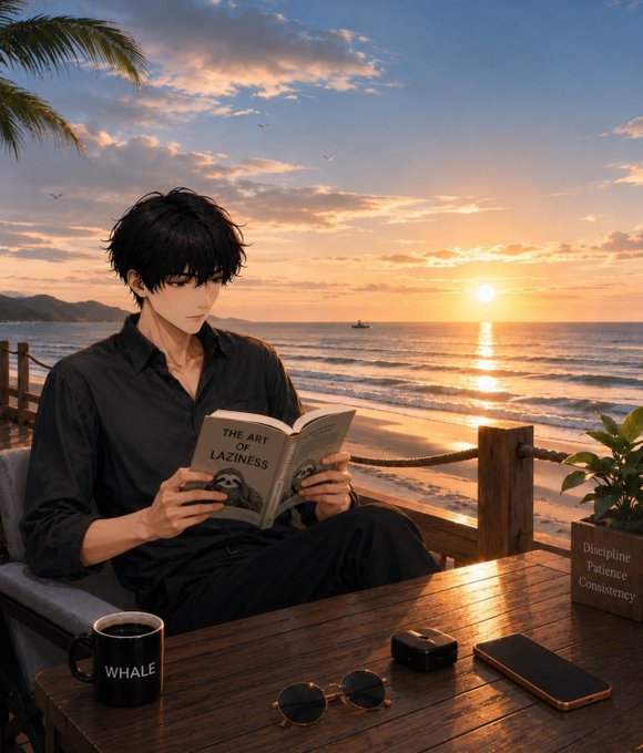 Anime-style illustration of a young man with dark hair reading a book titled 'THE ART OF LAZINESS' at a seaside café at sunset, with a mug labeled 'WHALE', sunglasses, and a phone on the table.