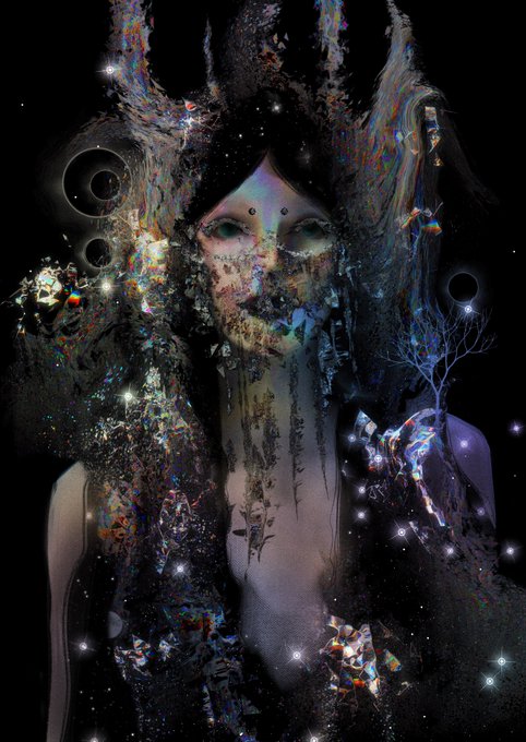 A dark, surreal digital portrait artwork of a female figure with a cosmic, fragmented aesthetic featuring glitch effects, stars, and abstract elements around her face.