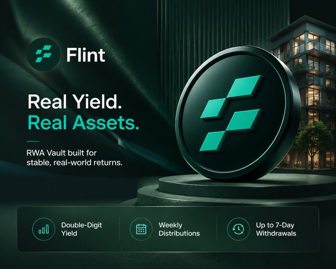 The image features a green circle with a white diamond logo, which is the logo for the cryptocurrency Flint. The text above the logo reads "Flint Real Yield Real Assets", indicating that the platform offers real yield assets. Below the logo, there are descriptions of the platform's features and benefits, such as its ability to provide token incentives, the collapse of algorithmic models, and the potential for restaking derivatives.