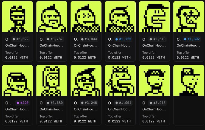 A grid of 12 pixelated character avatars titled "OnChainHoodies" displayed with NFT stats, including token IDs and top offers of 0.0122 WETH. The collection belongs to OnChainHoo... with notable token IDs ranging from #5,022 to #3,978, showcasing the user's revealed hoodies in green and black pixel art style.