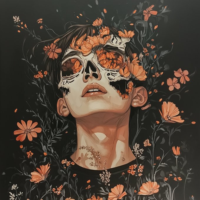 A stylized digital illustration of a person's head and shoulders against a black background, featuring a skull-like face partially covered with orange flowers and surrounded by blooming orange floral arrangements.