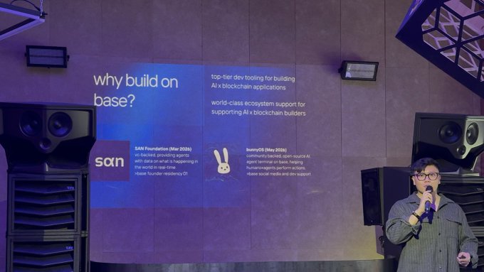 The image shows a man standing behind a podium, giving a speech or presentation. The background features a large screen displaying information about why build on base? and the benefits of using @Base MCP for growing the onchain agentic economy. There are also speakers in front of the screen, possibly amplifying the message from the speaker.