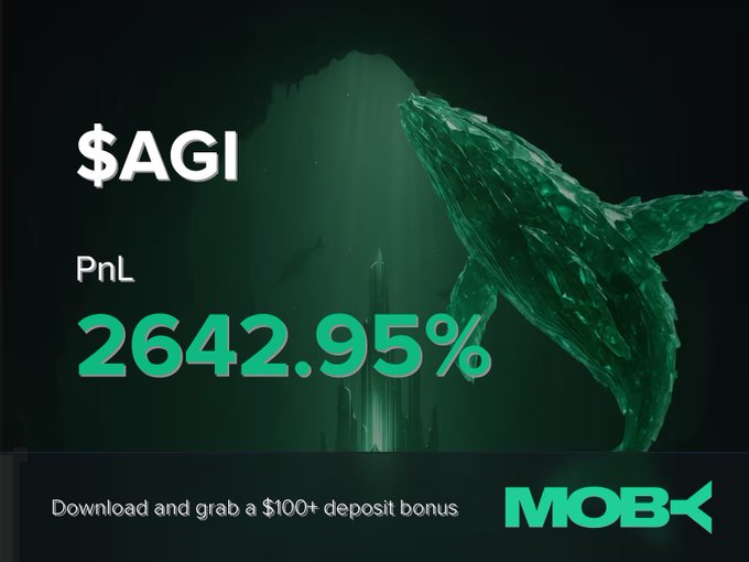 A promotional graphic for Moby featuring a green whale underwater, highlighting a trader win alert for the $AGI token with an impressive PnL of +2642.95%, alongside an offer to "Download and grab a $100+ deposit bonus."