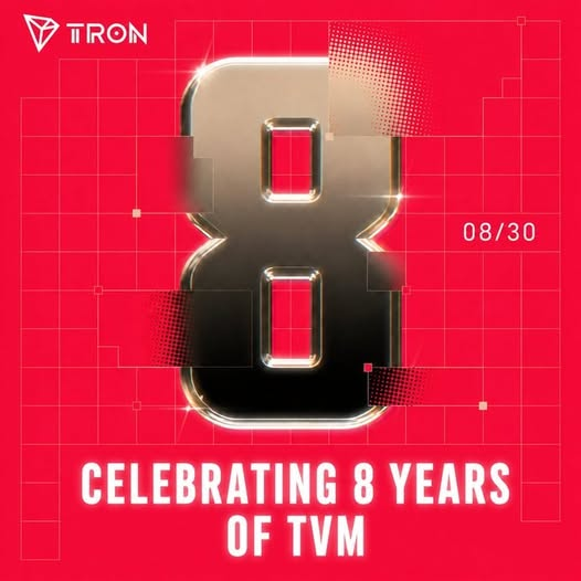 Tron promotional graphic with a large metallic "8" on a red grid background, dated 08/30, reading "Celebrating 8 Years of TVM".