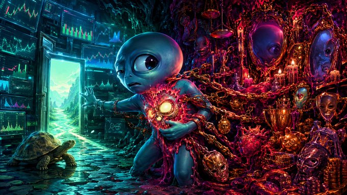 Surreal digital artwork depicting a large sad alien figure with a glowing chest cavity revealing a yellow orb, standing in a dark room filled with eerie masks and candles, while a small turtle approaches through a glowing turquoise doorway.
