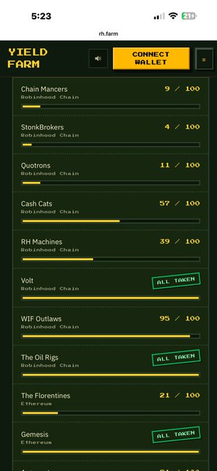A mobile screenshot from rh.farm showing a 'YIELD FARM' interface with various Chain Mancers collections like Chain Mancers, StonkBrokers, and Quotrons, displaying capacity levels out of 100 on Robinhood Chain.
