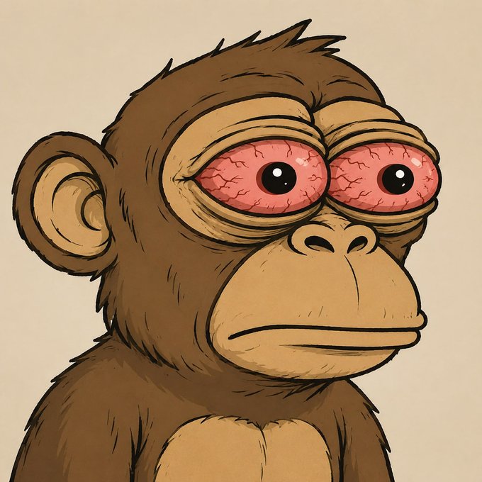 A cartoon-style illustration of a brown monkey with large, bloodshot red eyes and a tired expression against a plain beige background.