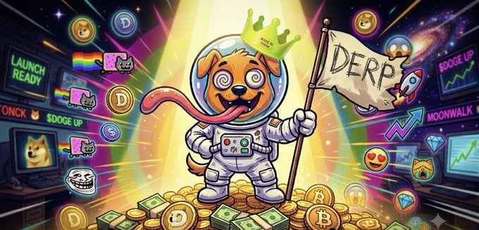 A cartoon dog wearing a spacesuit holding a sign that says "derp" standing on top of stacks of gold, with different types of coins around the bottom of the picture. The text next to the photo reads "𝕕𝕖𝕣𝕡. don'ask what it does no whitepaper no team no utility just a tongue hanging out and a dream of $1M join the dumbest army on the internet or watch us eat the zero from afar CA: 49ggf4VePgCZsB6xnQiWm3ZoJk2pqKVTvtEV93ripump derp". This post seems to be a post about an advertisement for some new product.