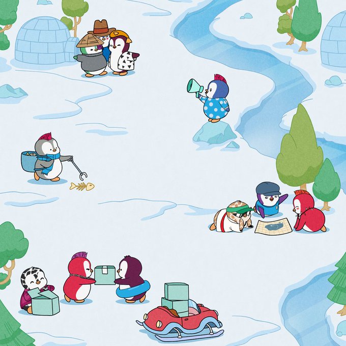 A cute illustration shows penguins in winter clothing playing in a snowy landscape with igloos, trees, and a winding river.