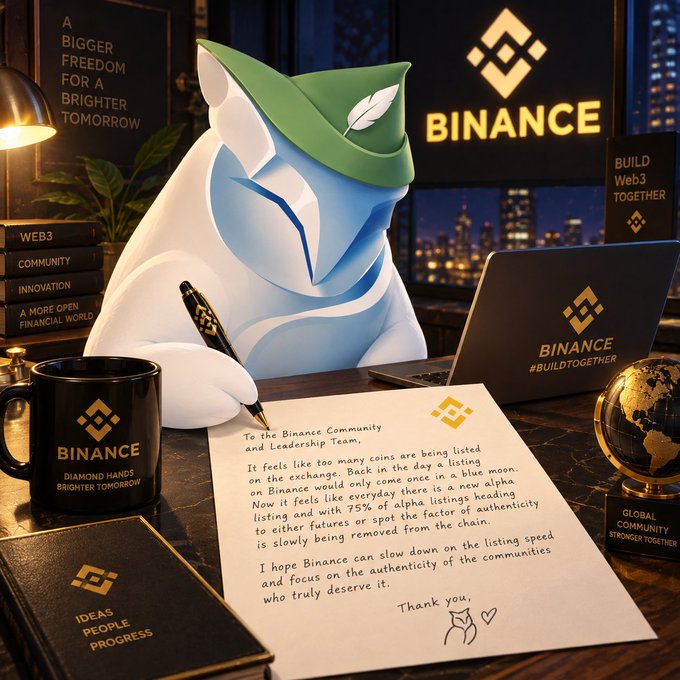 The image depicts an anthropomorphic Binance mascot (a white fox-like figure wearing a green cap) seated at a desk writing a handwritten letter addressed "To the Binance Community and Leadership Team," with the accompanying text expressing concerns about the high volume of new token listings on Binance and advocating for a more selective 75% listing rate to maintain authenticity. Surrounding Binance-branded merchandise (a "Diamond Hands, Brighter Tomorrow" mug, "Ideas People Progress" notebook, and laptop) reinforces the official, community-focused tone of the message.
