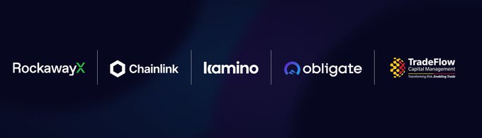 A banner displays logos for RockawayX, Chainlink, Lamina, Obligate, and TradeFlow Capital Management on a dark background.