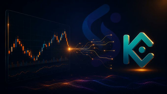The image features a computer screen with a stock graph displayed on its top right corner, along with two blue boxes in front of it containing an image of the KuCoin symbol KUCOIN with a blue and white logo, indicating that they are related to trading strategies or campaigns for KuCoin. The post states that this is a live run of trading strategies on KuCoin's TradingView platforms available at 24 hours a day, 7 days a week without requiring any coding skills or virtual machines.
