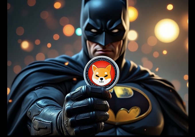 A digital illustration of Batman holding up a Shiba Inu (DOGE) themed coin against a bokeh city lights background.