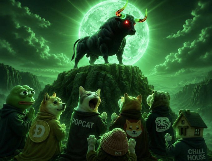 A demonic bull with glowing red eyes stands atop a rock beneath a massive green moon, presiding over a group of hooded figures—including characters labeled "POPCAT," "D," and "CHILL HOUSE"—who kneel in reverence, evoking the cultlike hype around an imminent crypto airdrop. The scene captures the desperate, ritualistic anticipation of meme coin believers awaiting their $ANSEM drop.