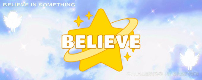 A vibrant graphic featuring a yellow star with the bold word "BELIEVE" across it, set against a dreamy sky-blue background with clouds and sparkles, accompanied by the text "BELIEVE IN SOMETHING" in the corner. The image visually reinforces the post's message about stopping trading and placing faith in a belief system, likely tied to the memecoin contract address shown.