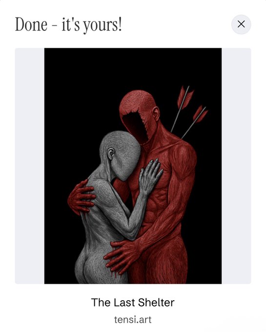 A digital artwork titled 'The Last Shelter' by tensi.art, depicting a faceless gray figure embracing a red humanoid figure with arrows in its back against a black background.