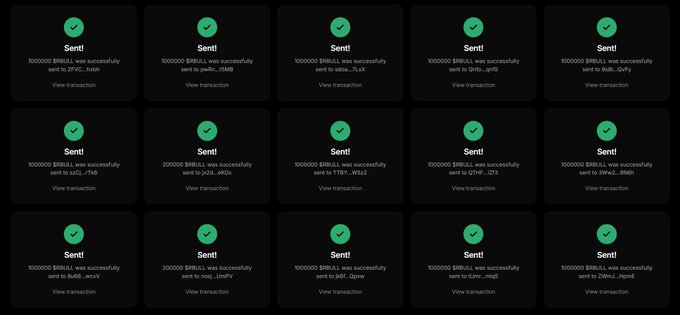 The image displays a grid of 15 dark-themed transaction confirmation notifications, each with a green checkmark showing "Sent!" status for 1,000,000 or 2,000,000 $RBULL tokens sent to various addresses (such as ZFVc...hxsh, Jp0B...tSMK, iatIo...fLVX, and others). It relates to the post by appearing to be fabricated "proof" of an airdrop claim, though the repetitive, evenly-amounted transfers to multiple wallet addresses are characteristic of a scam-bait engagement scheme designed to lure users with a fake $500,000 $RBULL airdrop on Solana.