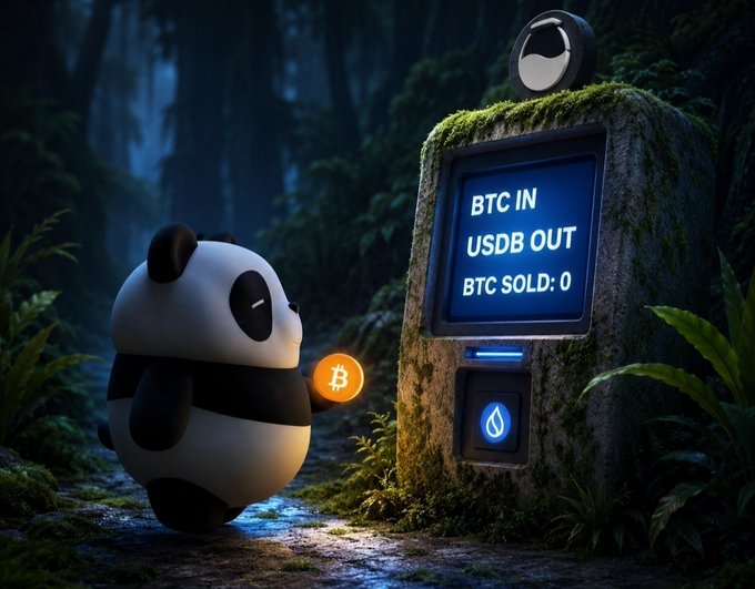3D-rendered panda holding a glowing Bitcoin coin next to a moss-covered stone machine displaying 'BTC IN USDB OUT' with 'BTC SOLD: 0' on its screen.