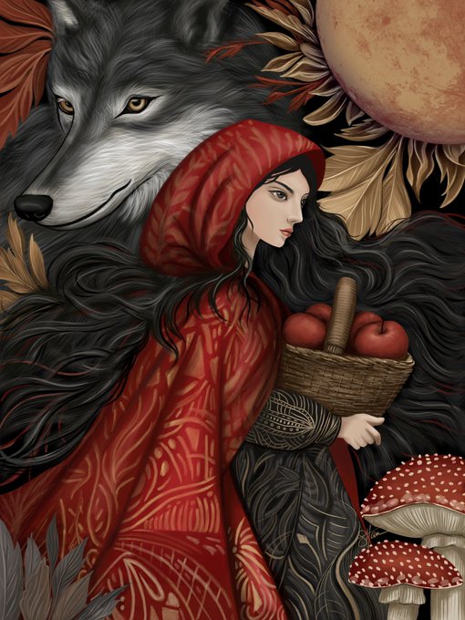 A stylized illustration of Little Red Riding Hood with flowing black hair and a red hooded cloak holding a basket of apples, accompanied by a wolf, red mushrooms, and autumn leaves.
