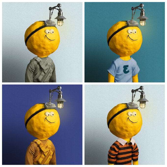 A collage of four NFTs featuring a smiling yellow character wearing a head lamp with various outfits, including one shirt displaying the letter "E," aligning with the post's theme of letting the light guide you from D3lMundos' NFT collection.