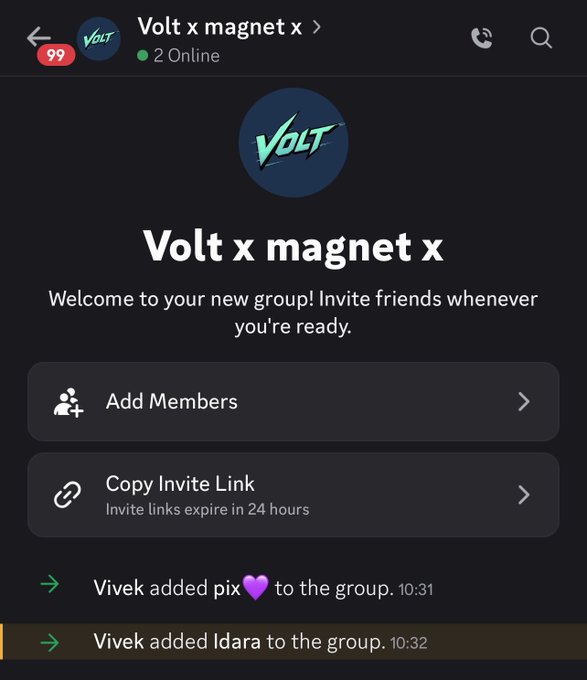 WhatsApp group chat screen for 'Volt x magnet x' with 2 online members, showing options to add members and copy invite links, plus recent activity of members being added by Vivek.