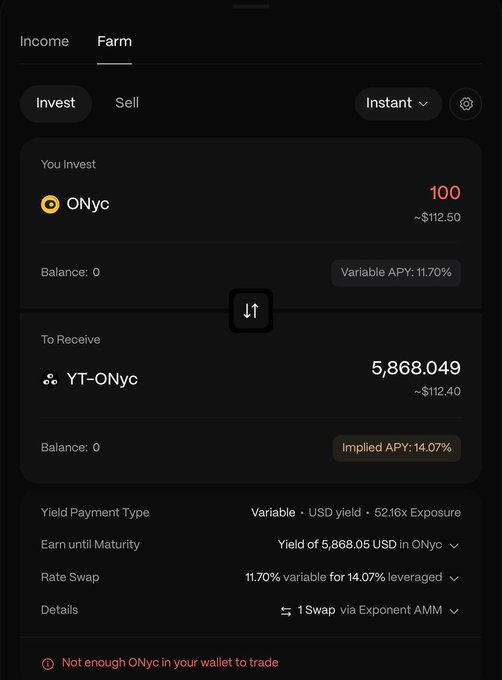 A mobile app interface showing a 'Farm' swap from ONyc to YT-ONyc, displaying 100 IN invested and 5,868.049 to receive, with an Implied APY of 14.07% and an error stating 'Not enough ONyc in your wallet to trade.'