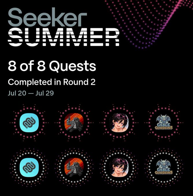 A 'Seeker Summer' interface showing '8 of 8 Quests Completed in Round 2' from 'Jul 20 — Jul 29', displaying various circular quest completion icons below.