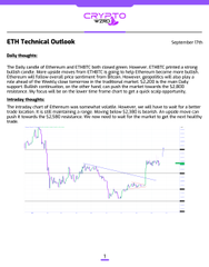 A mobile screenshot of a 'STORYTIME' video titled 'ETH Technical Outlook - Daily Analysis' with a chart showing Ethereum's price action, timestamped September 17th.