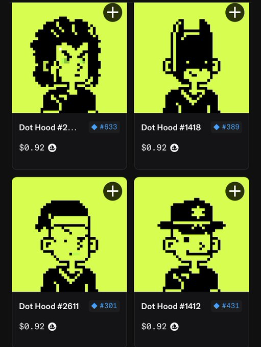 Four pixel-art NFT character portraits titled 'Dot Hood' (#2..., #1418, #2611, #1412) displayed in bright green tiles, each priced at $0.92 with numbered diamond tags (#633, #389, #301, #431).