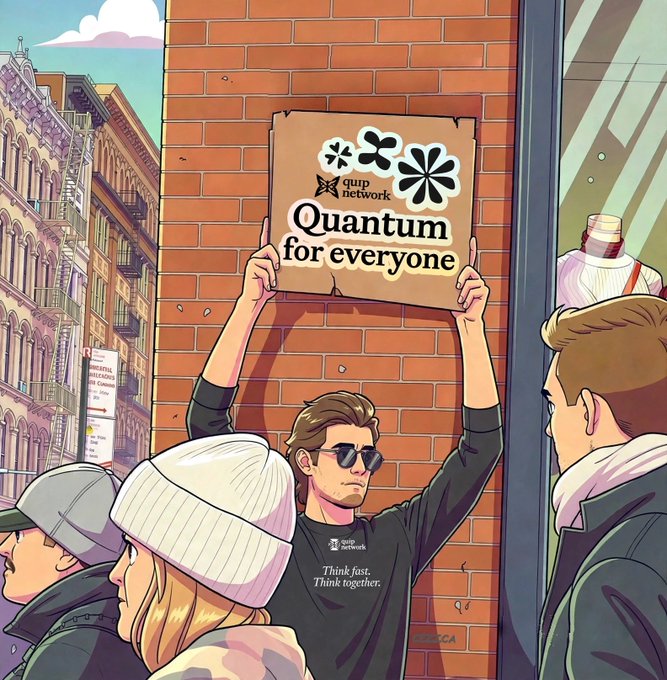 An illustrated street scene shows a man holding a cardboard sign reading 'Quantum for everyone' with the 'quip network' logo, while wearing a 'Think fast. Think together.' t-shirt.
