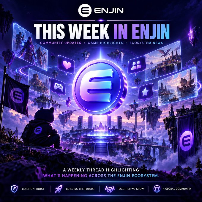 A promotional graphic titled 'THIS WEEK IN ENJIN' featuring the Enjin logo, fantasy landscape artwork, and tags like 'COMMUNITY UPDATES,' 'GAME HIGHLIGHTS,' and 'ECOSYSTEM NEWS.'