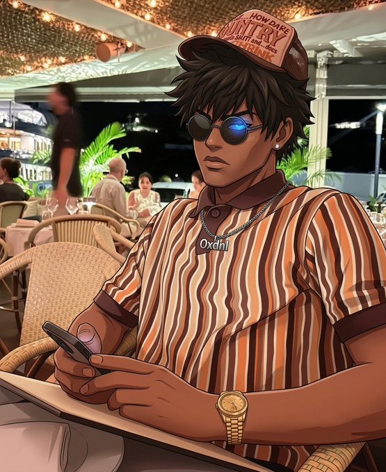 An anime-style illustration of a young man wearing round sunglasses, a cap reading 'HOW DARE COUNTRY SHITTY AND DRINK', a striped shirt with 'Oxdhl' on the chain, and a gold watch while holding a phone.