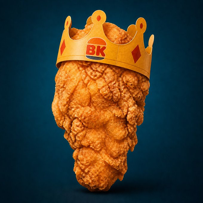 A Burger King advertisement image featuring a golden paper crown worn by a large, crispy chicken tender against a dark blue background.