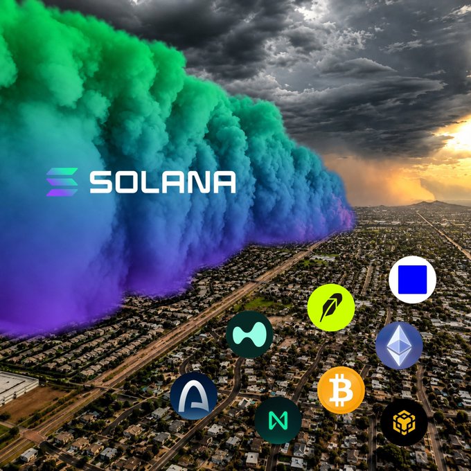 A dramatic image showing a large green and blue colored cloud of smoke or dust looming over a sprawling cityscape, with the Solana logo and various cryptocurrency symbols (Bitcoin, Ethereum, and others) floating in the foreground.