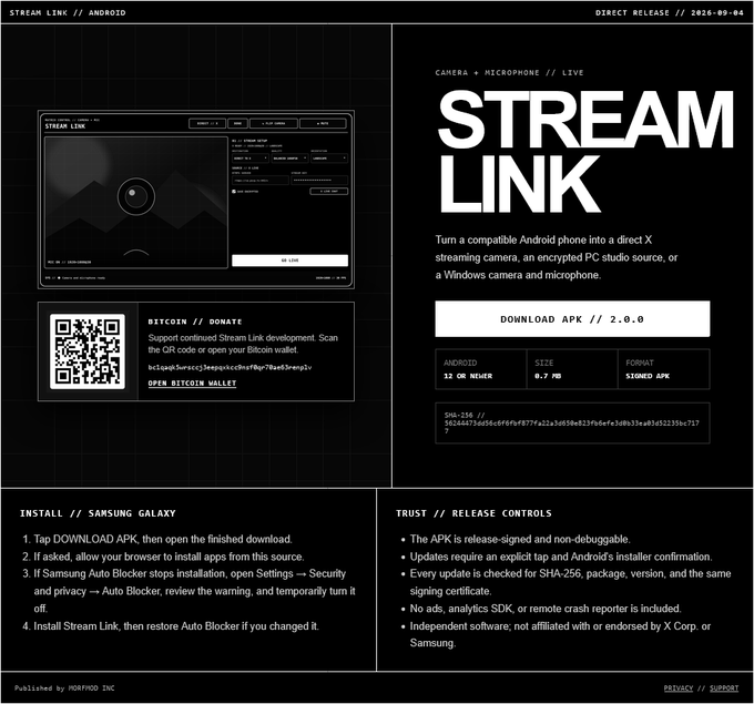 A webpage for 'STREAM LINK' app version 2.0.0 for Android, providing instructions to turn a phone into a streaming camera, including download links, a Bitcoin donation QR code, and SHA-256 verification details.