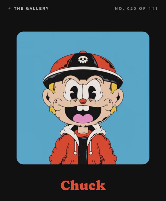 A pop-art style NFT portrait labeled 'Chuck' and 'THE GALLERY NO. 020 OF 111' shows a freckled cartoon boy in a red cap and jacket against a blue background.
