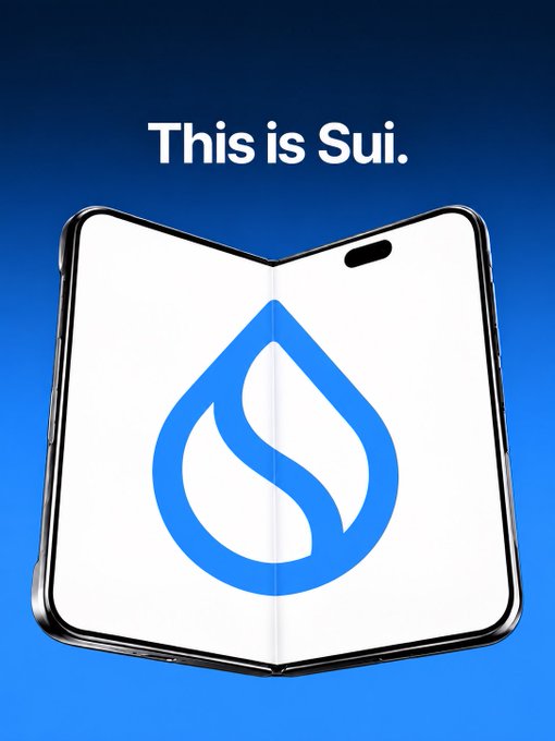 A promotional graphic with the text 'This is Sui.' displayed above a foldable smartphone showing the blue Sui network logo on its screen.