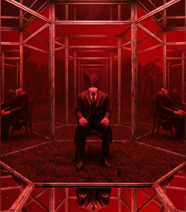 A monochromatic red-toned surreal illustration showing a headless businessman in a suit sitting on a chair inside a mirrored, geometric glass structure on a grassy field.