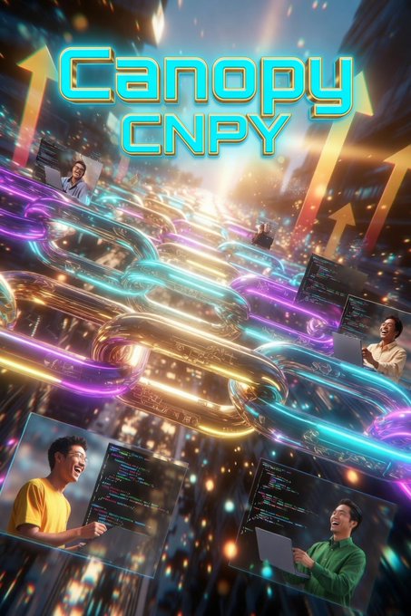 Vibrant promotional graphic featuring the 'Canopy CNPY' logo with glowing chain links and animated developers working on code in floating screens.
