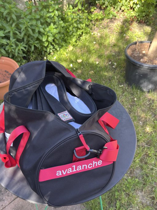 The image features a black duffel bag sitting on top of a green table, which has been placed outdoors. The bag appears to be new or recently purchased, as indicated by its vibrant red strap with white text that reads "avalanche". The bag is open and ready for use, possibly for sports activities. In the background, there are two potted plants, one on each side of the table, adding a touch of greenery to the scene.