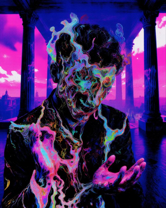 A distorted figure with melting, iridescent features stands before towering classical columns against a vivid pink and purple sky, reaching out a hand as if to catch or offer something. The surreal, otherworldly imagery evokes the cryptic "TAKE IT ALL IN" caption, suggesting a moment of existential revelation amid the psychedelic scene.